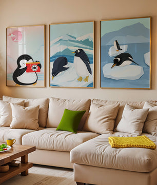 Affiche de pingouins sur plancher en bois
