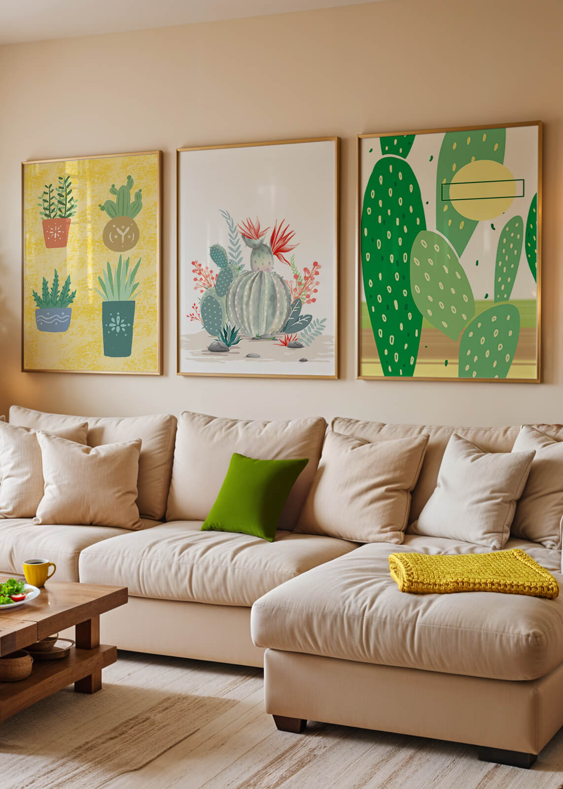 Conjunto de Ilustraciones de Cactus en Marcos de Madera en Pared Clara