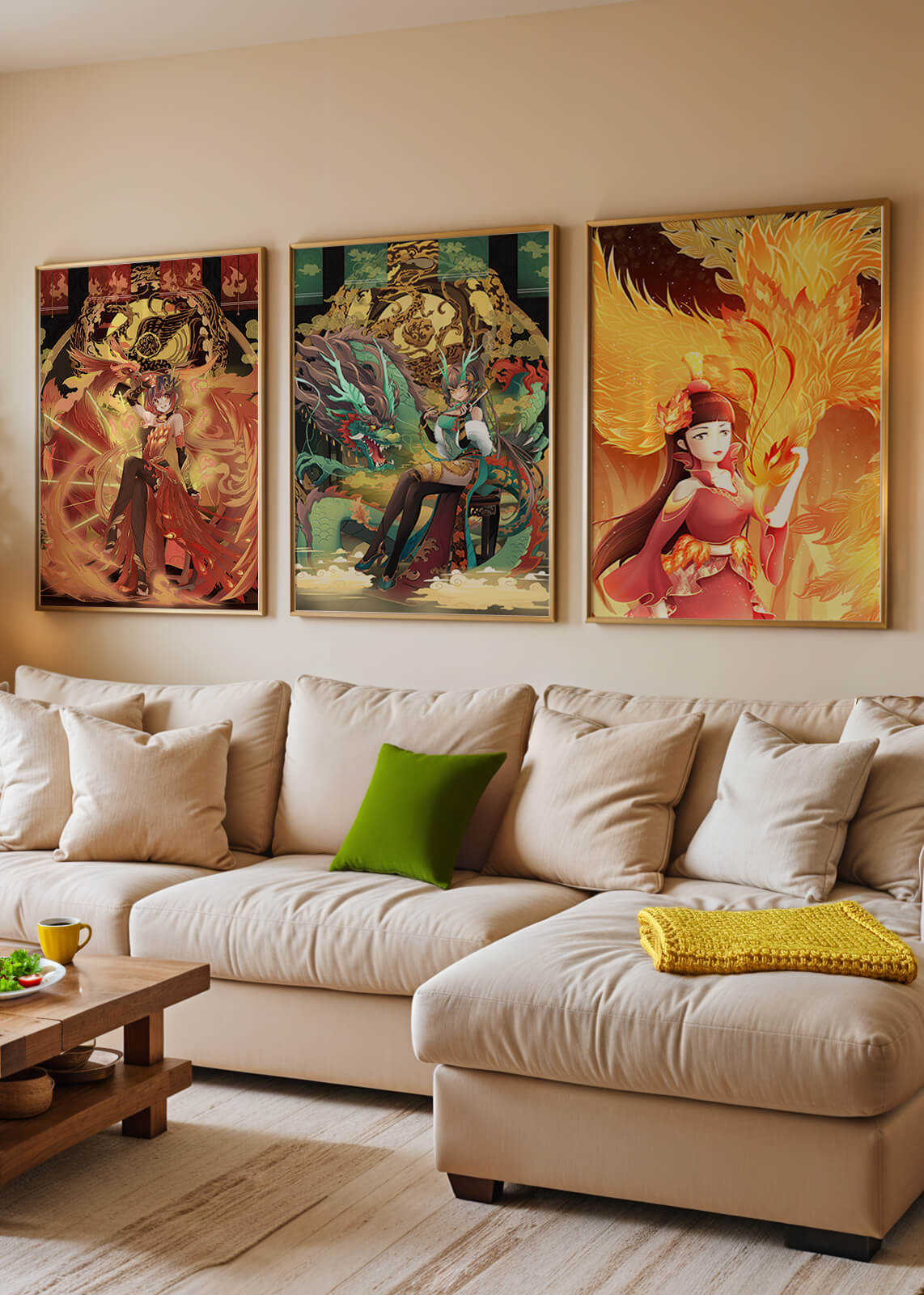 Tríptico De Arte Fantástico Con Figuras Míticas En Marcos Dorados