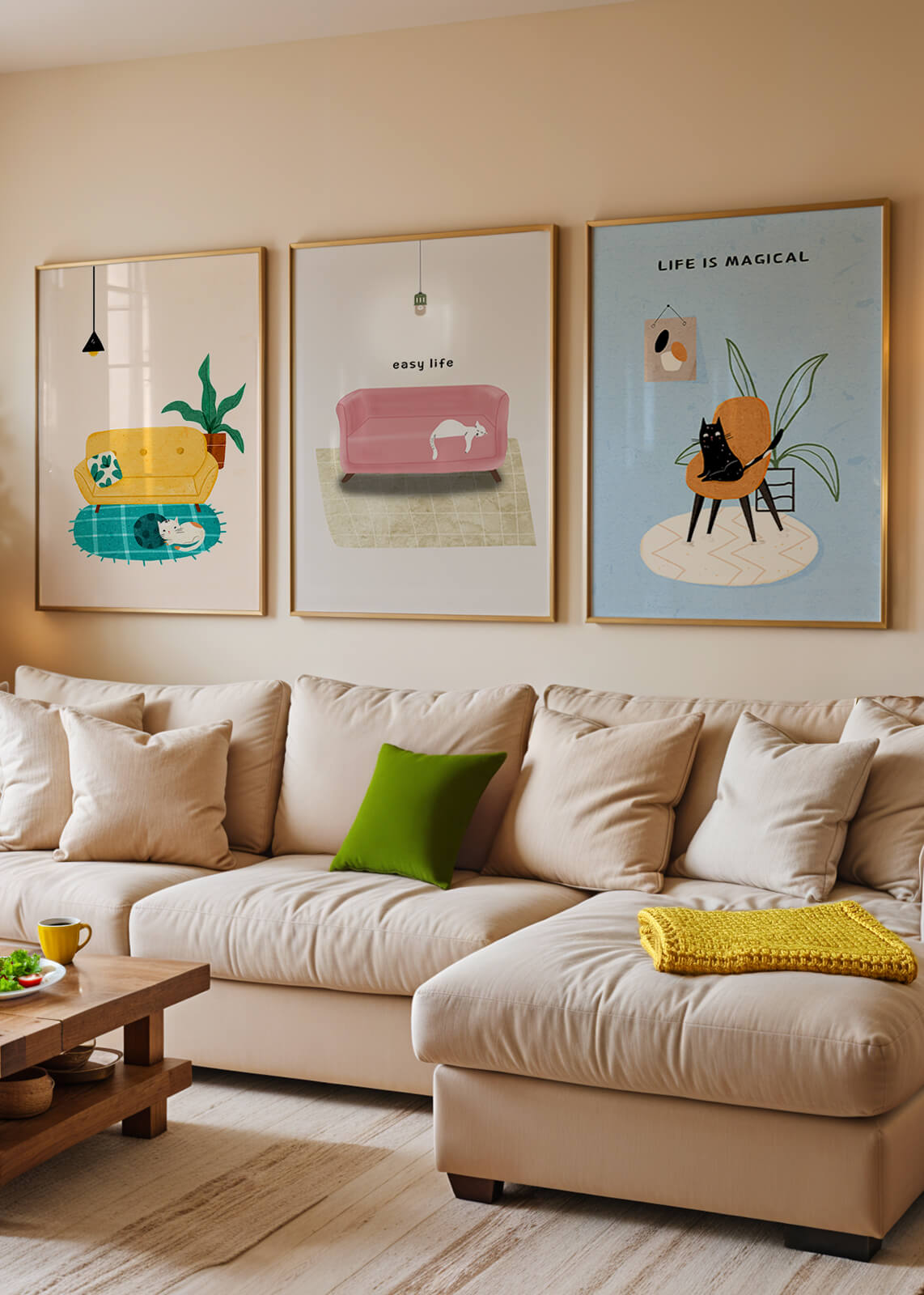 Imágenes minimalistas de gatos y muebles en marcos de madera