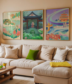Asiatische Illustrationen mit floralen und architektonischen Elementen