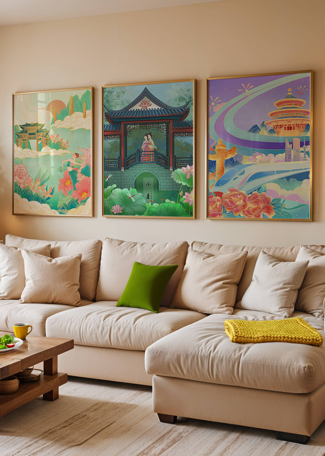 Asiatische Illustrationen mit floralen und architektonischen Elementen