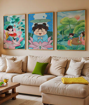 Trois illustrations d'enfants dans un style asiatique avec des éléments de la nature