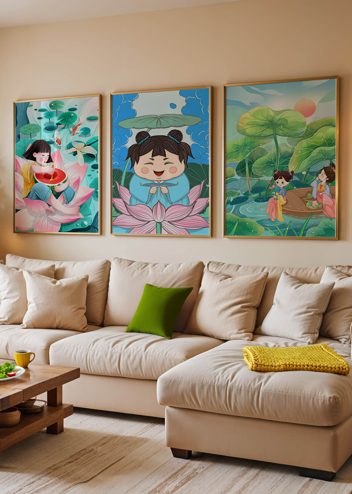 Trois illustrations d'enfants dans un style asiatique avec des éléments de la nature