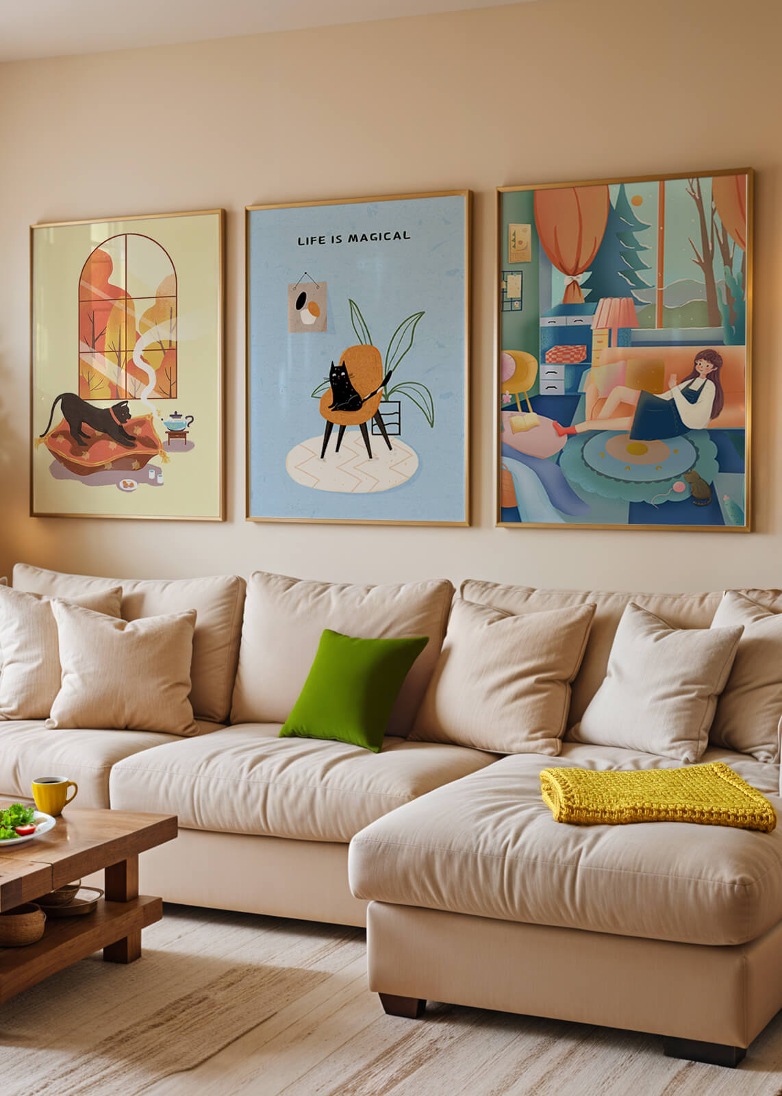 Triptyque d'art moderne avec des illustrations de chats et des scènes colorées