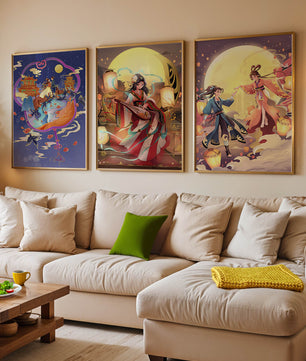 Triptyque de posters à thème oriental et pleine lune