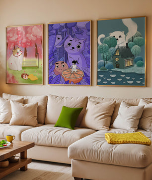 Triptyque d’illustrations de chats dans des paysages magiques