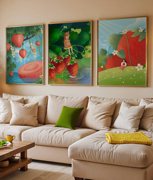 Ensemble d’illustrations de fraise avec une fillette dans un environnement naturel