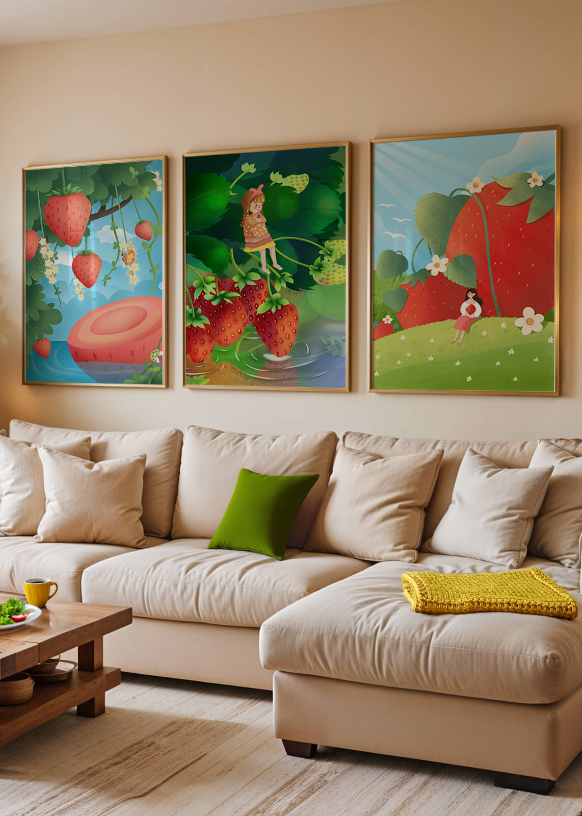 Ensemble d’illustrations de fraise avec une fillette dans un environnement naturel