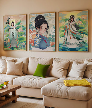 Serie De Arte Chino Con Mujeres Tradicionales En Impresión De Alta Calidad