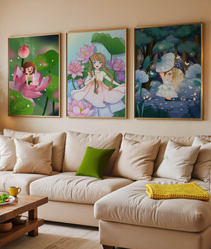 Triptyque enfantin d'art fantastique avec des filles parmi les fleurs