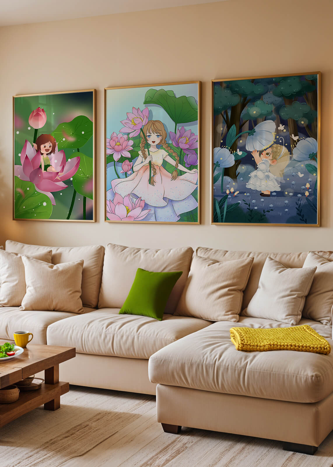 Triptyque enfantin d'art fantastique avec des filles parmi les fleurs