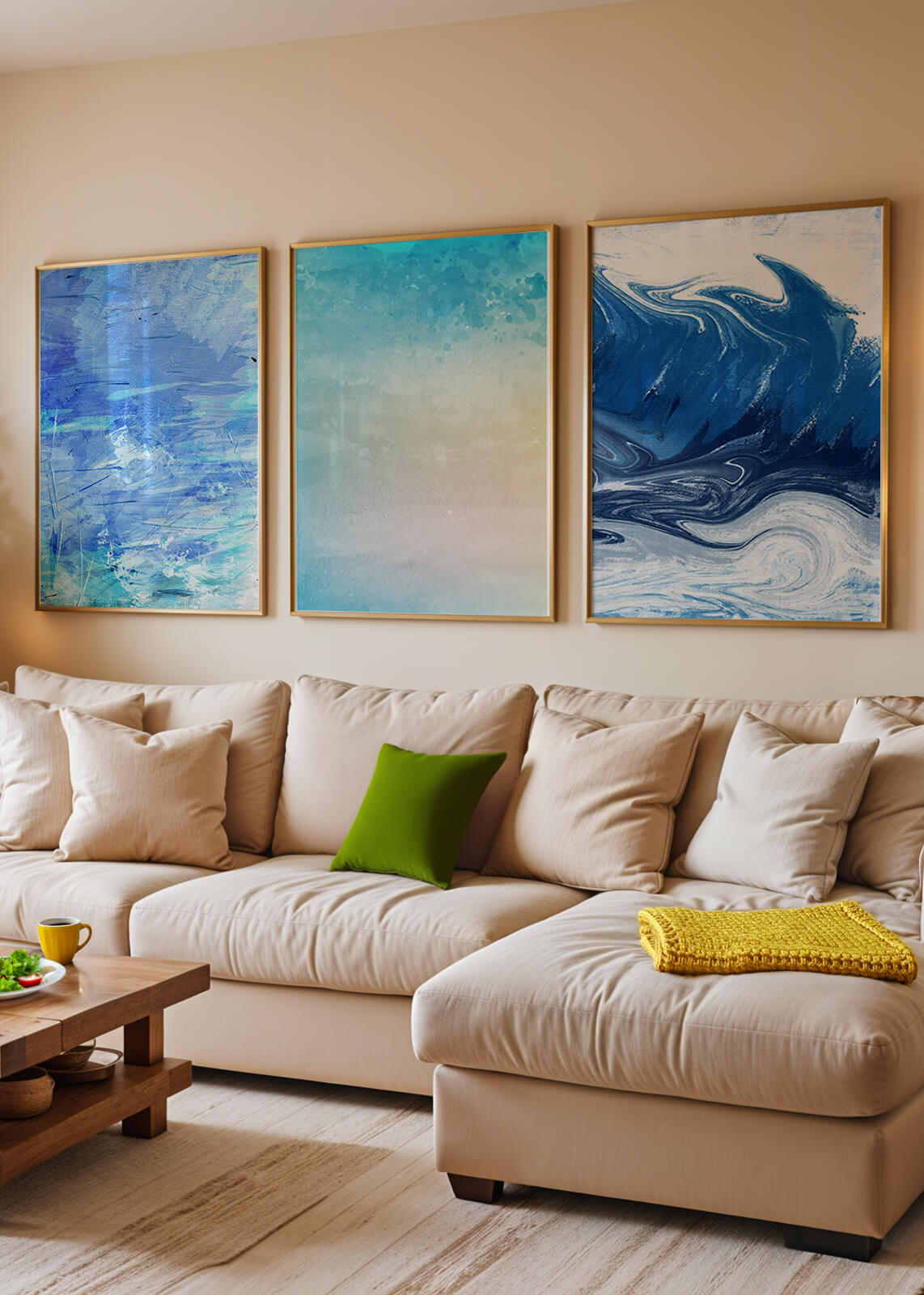 Décoration moderne avec triptyque d'art abstrait dans les tons bleus et beige