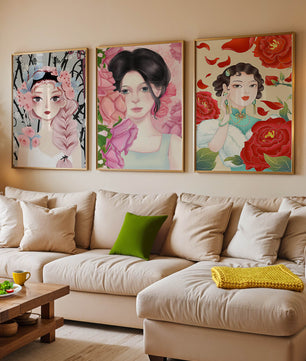 Ensemble de portraits féminins avec des fleurs dans un style artistique moderne