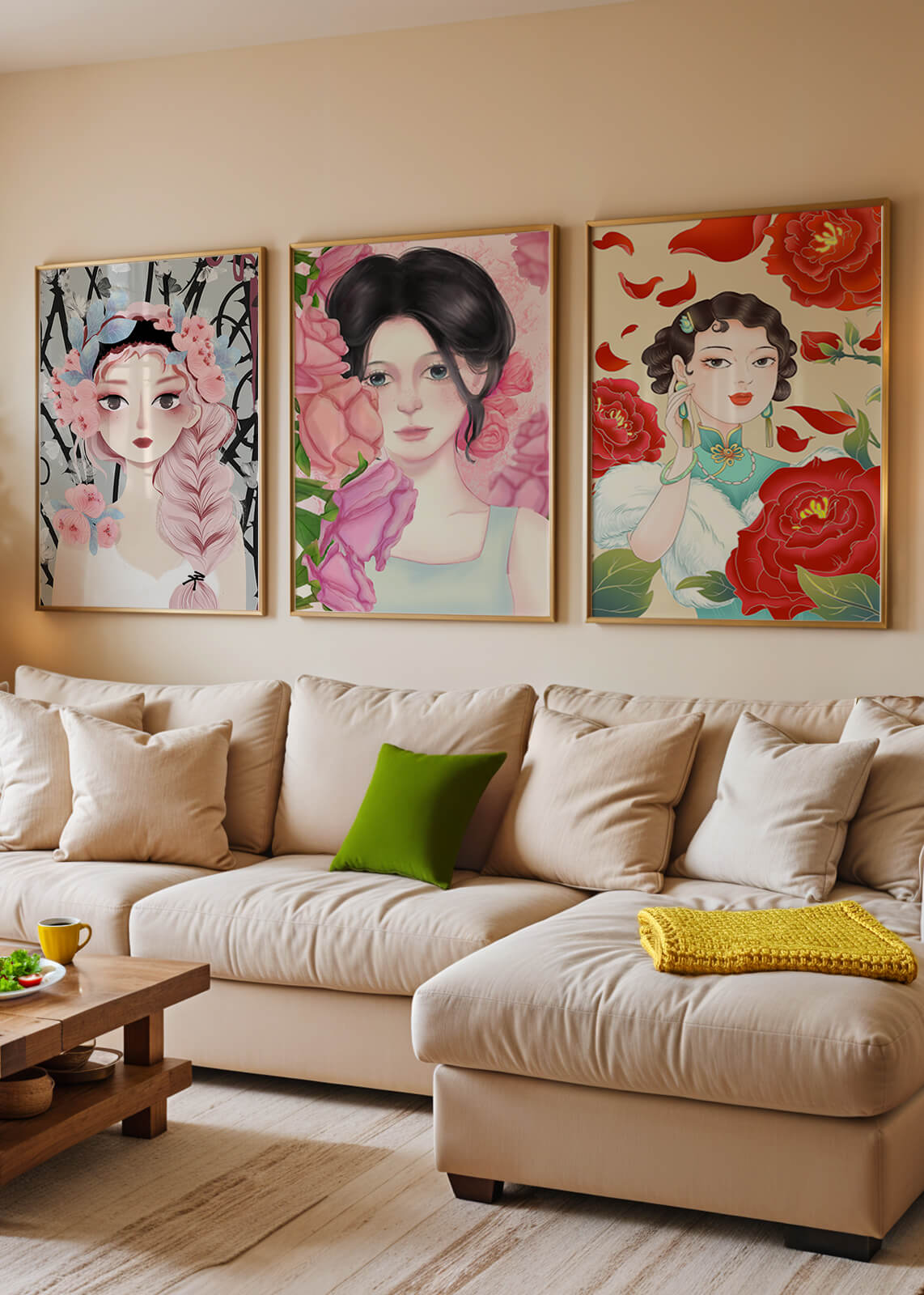 Ensemble de portraits féminins avec des fleurs dans un style artistique moderne