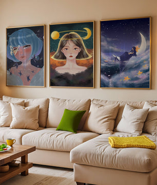 Tríptico De Retratos Ilustrados Con Elementos Astrales