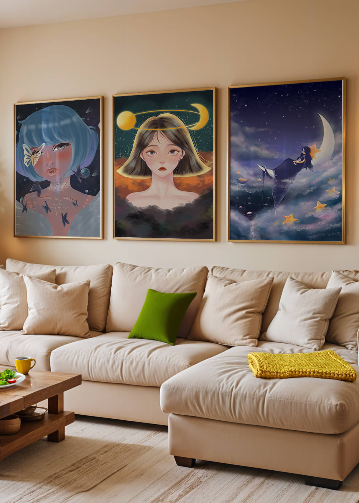 Tríptico De Retratos Ilustrados Con Elementos Astrales