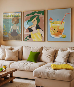 Conjunto De Tres Ilustraciones Modernas Con Temática De Playa En Marcos De Madera