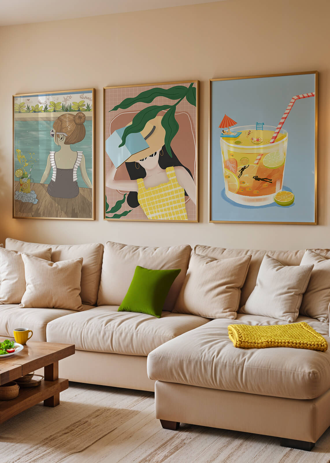 Conjunto De Tres Ilustraciones Modernas Con Temática De Playa En Marcos De Madera