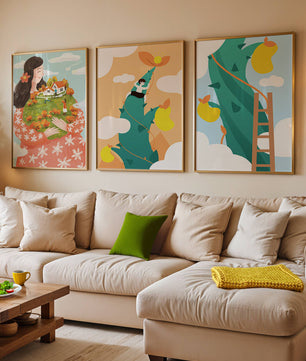 Ensemble de trois tableaux avec des illustrations colorées