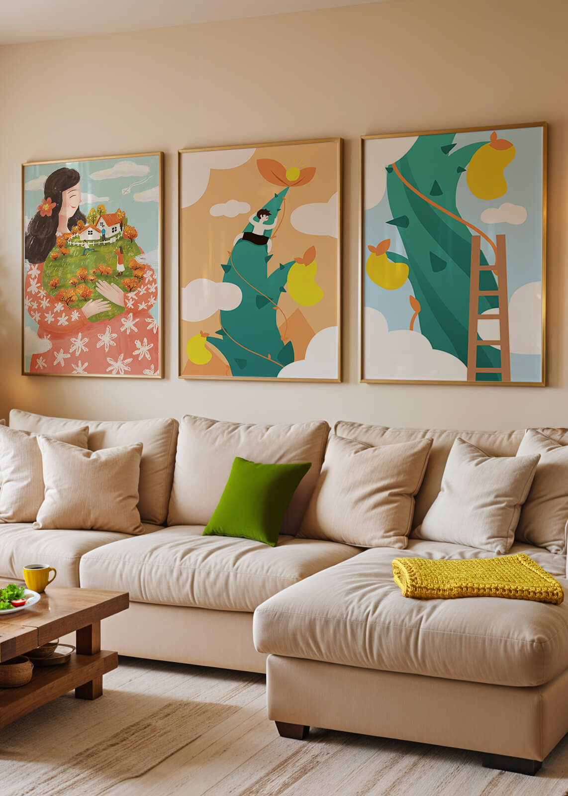 Ensemble de trois tableaux avec des illustrations colorées
