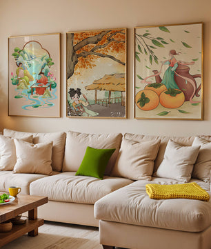 Set asiatischer Kunst auf Leinwänden ohne Rahmen mit natürlichen Motiven