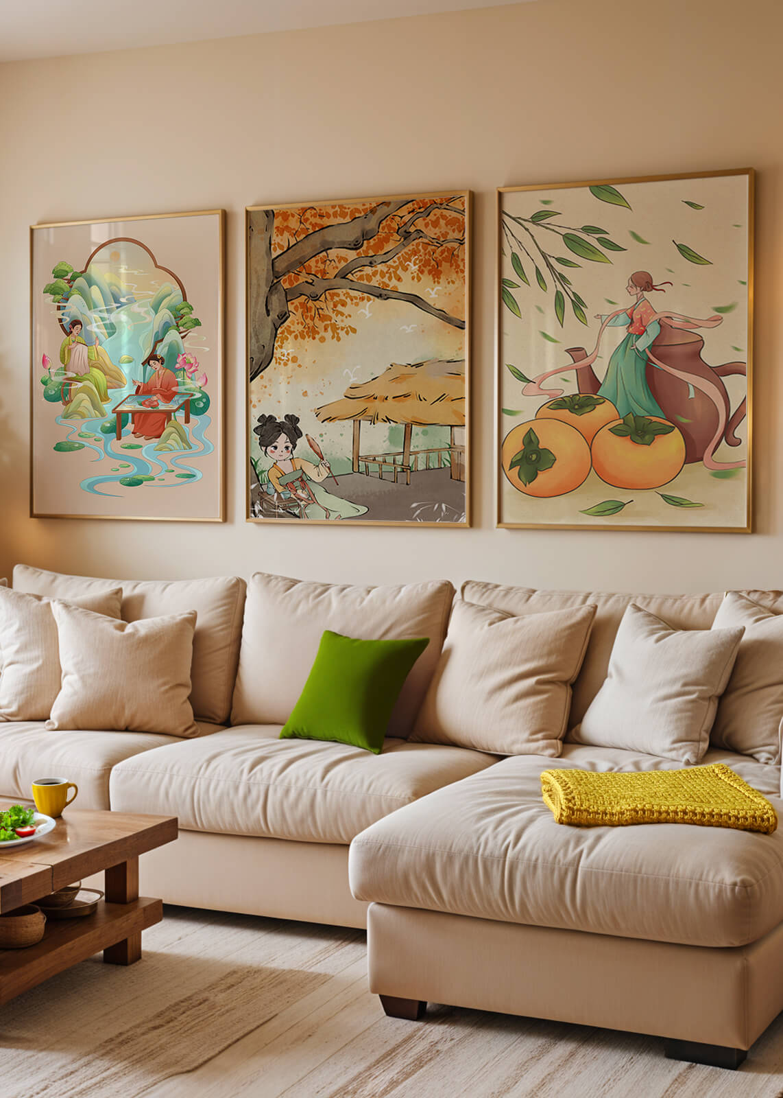 Set asiatischer Kunst auf Leinwänden ohne Rahmen mit natürlichen Motiven