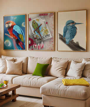 Arte Decorativo con Pájaros Coloridos en Impresión de Alta Calidad