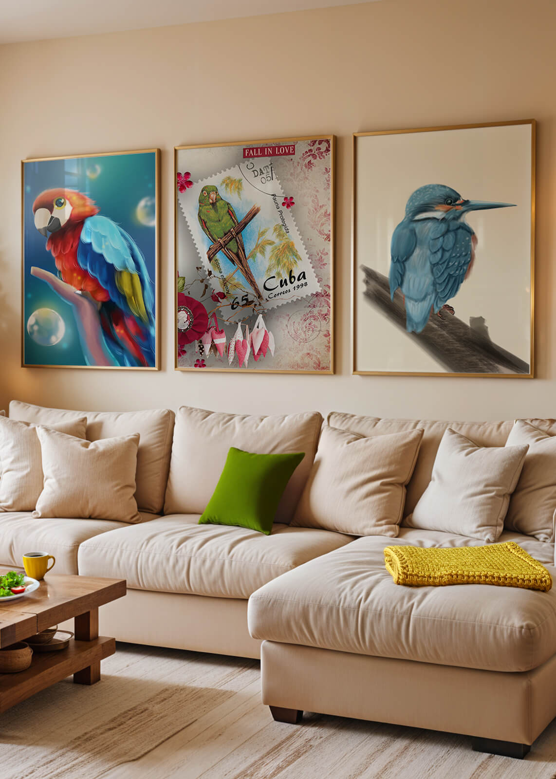 Arte Decorativo con Pájaros Coloridos en Impresión de Alta Calidad
