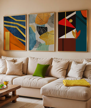 Conjunto De Tres Obras De Arte Geométrico Con Elementos Dorados Y Colores Vivos