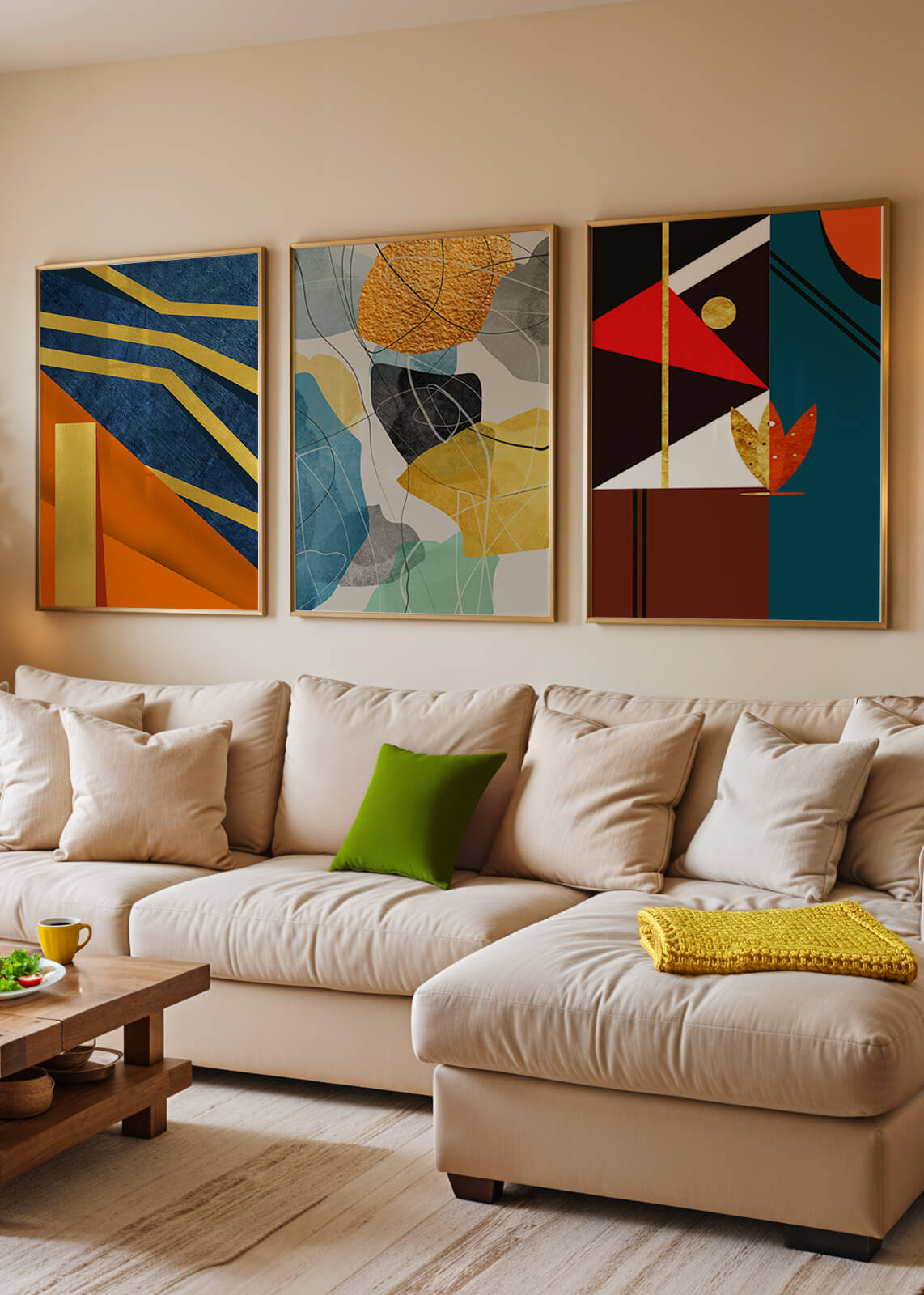 Conjunto De Tres Obras De Arte Geométrico Con Elementos Dorados Y Colores Vivos