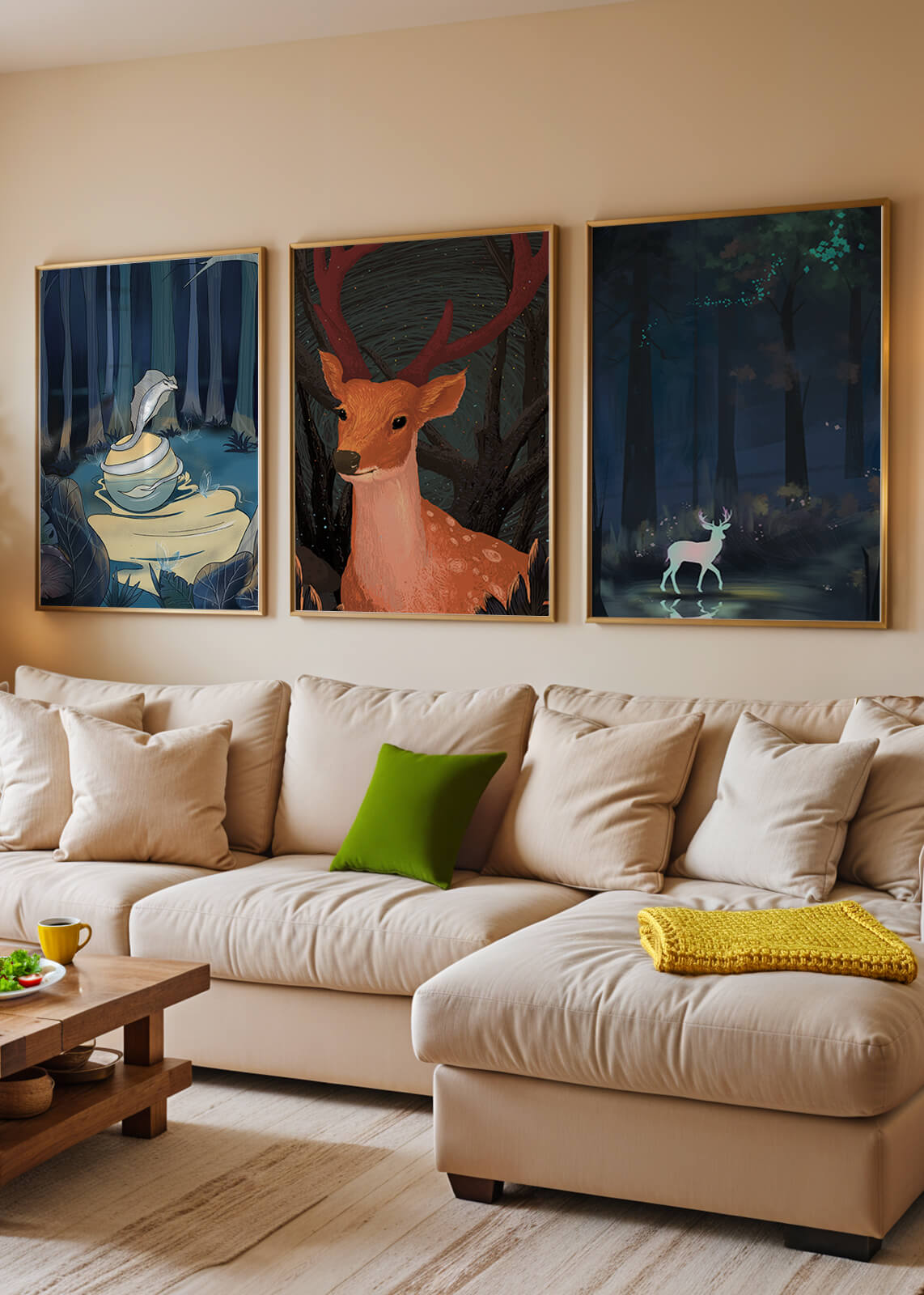 Tríptico De Animales En El Bosque Con Impresión Artística