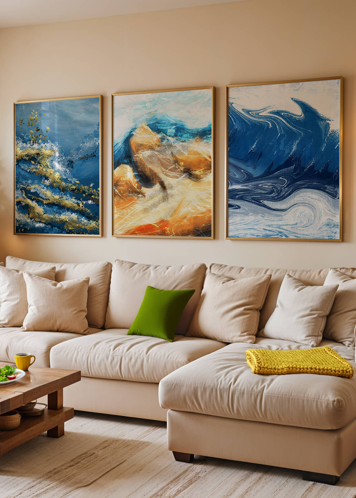 Ensemble de peintures abstraites dans des tons bleus et dorés