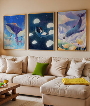 Impressions artistiques de baleines dans un style fantastique