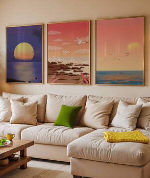 Ensemble de tableaux avec des paysages au coucher et au lever du soleil