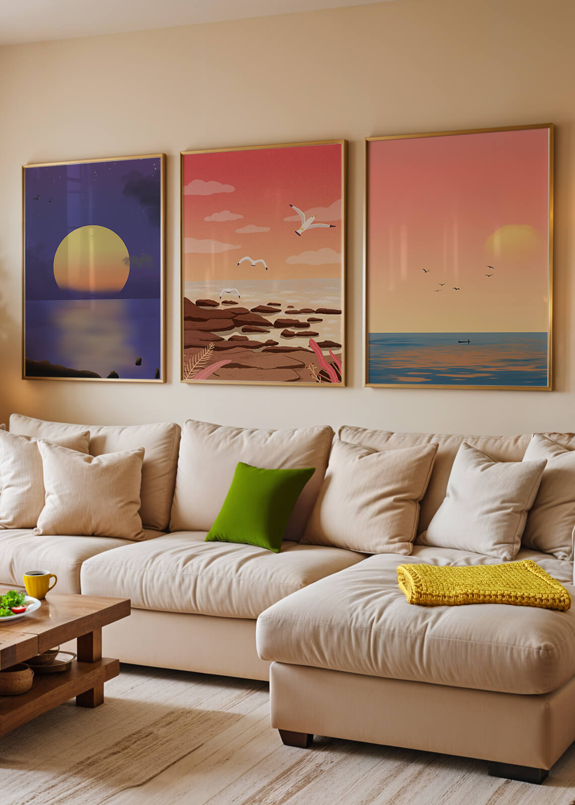 Ensemble de tableaux avec des paysages au coucher et au lever du soleil