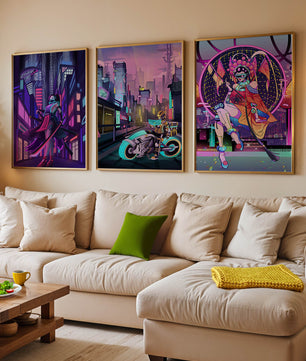Triptyque de style cyberpunk avec des personnages en art numérique