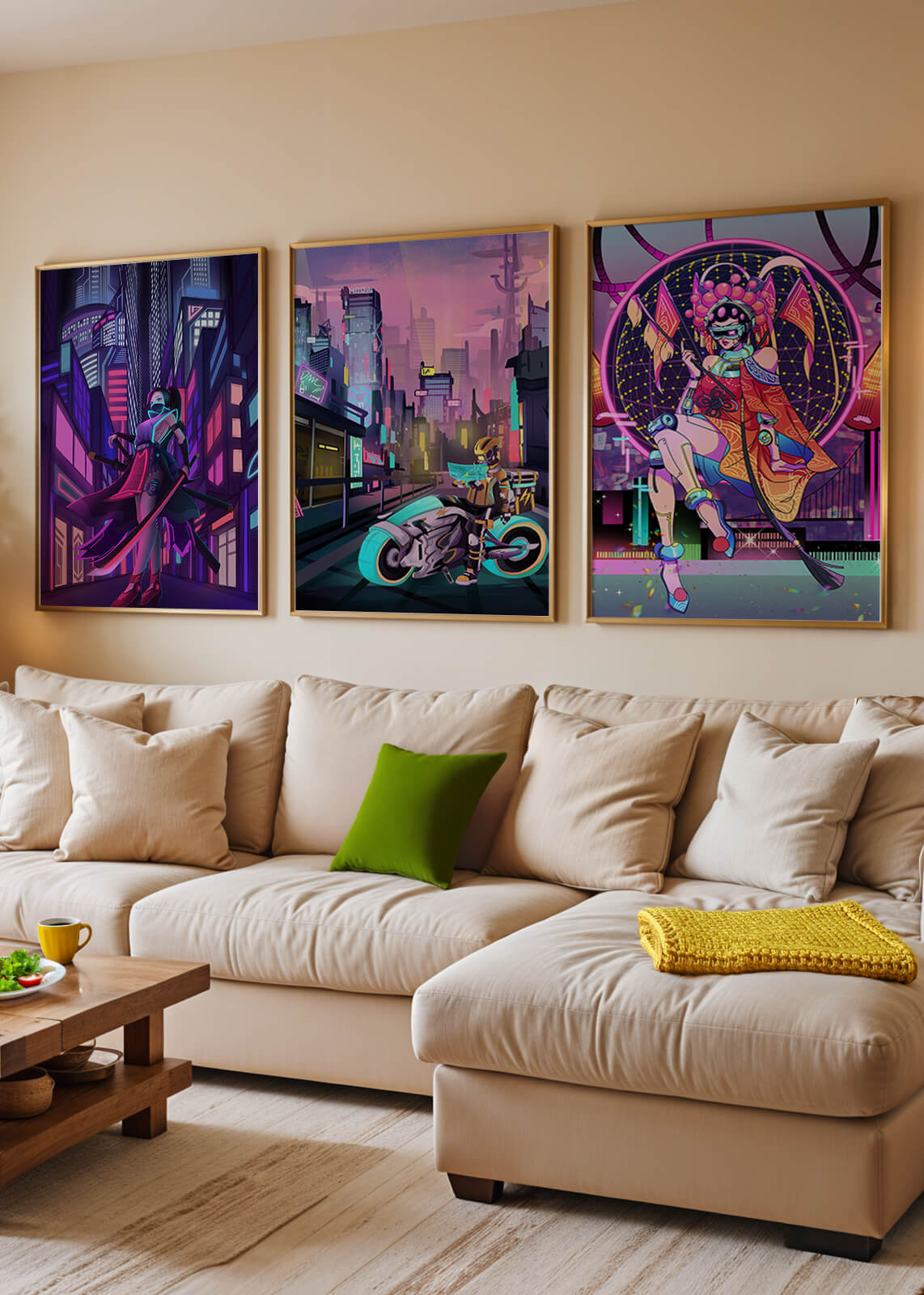 Triptyque de style cyberpunk avec des personnages en art numérique