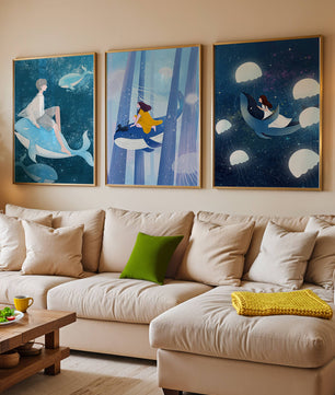 Ensemble d'illustrations de baleines volantes et de figures humaines dans un environnement cosmique
