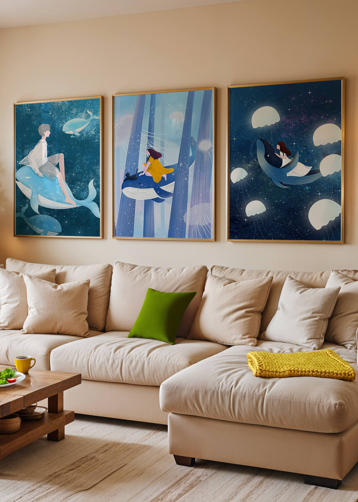 Ensemble d'illustrations de baleines volantes et de figures humaines dans un environnement cosmique