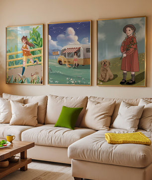 Conjunto de cuadros ilustrativos sin marco en ambiente moderno