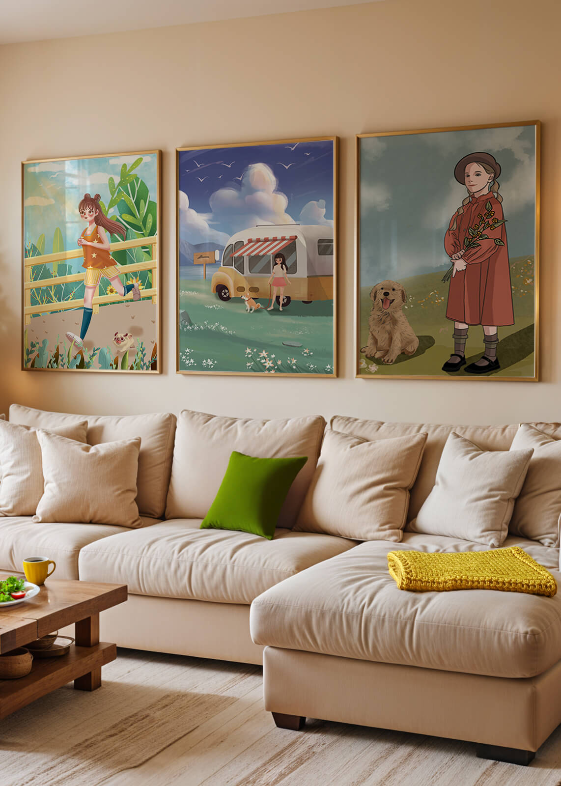 Conjunto de cuadros ilustrativos sin marco en ambiente moderno