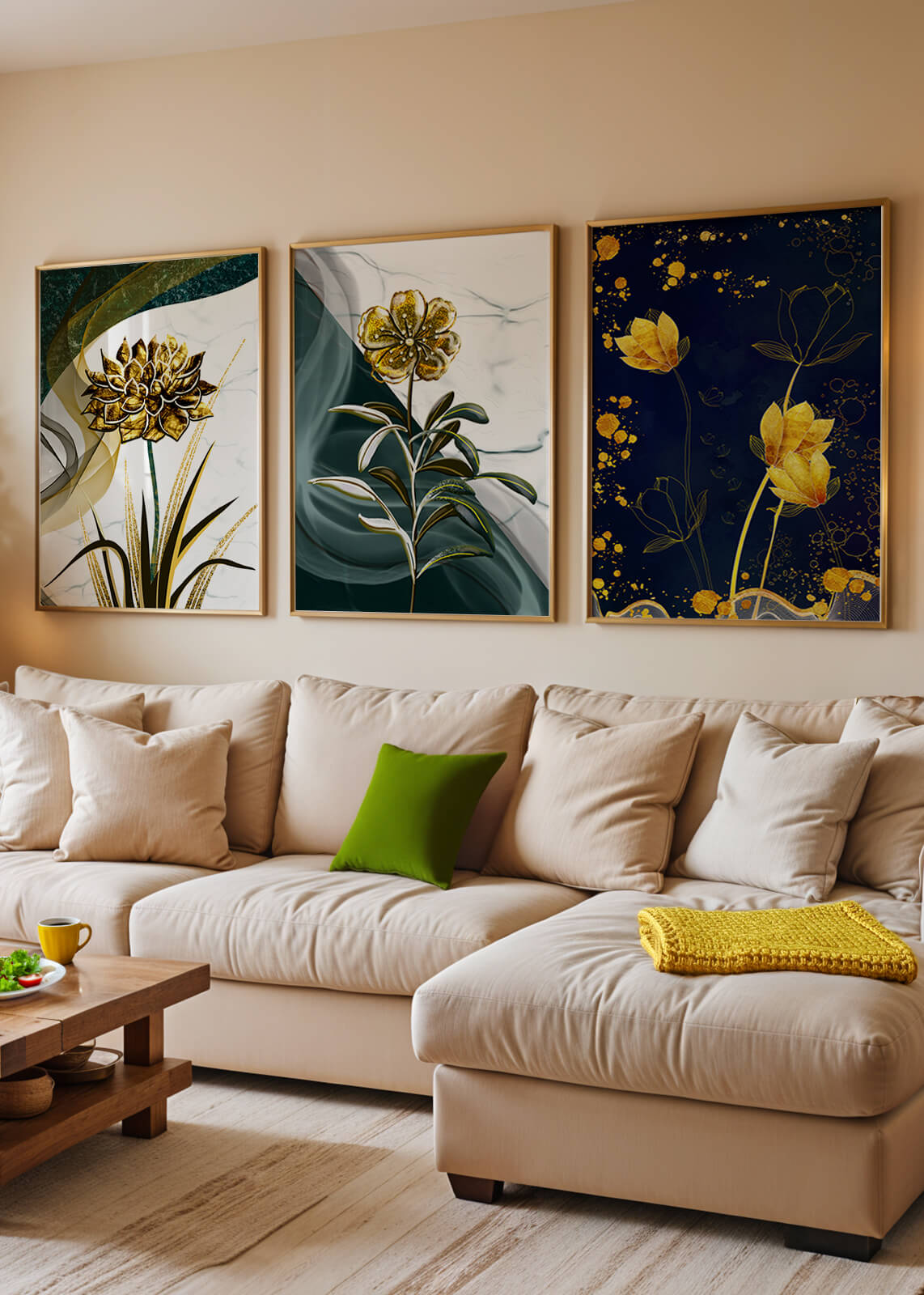 Conjunto de Impresiones de Flores Doradas y Verde Oscuro en Pared de Madera