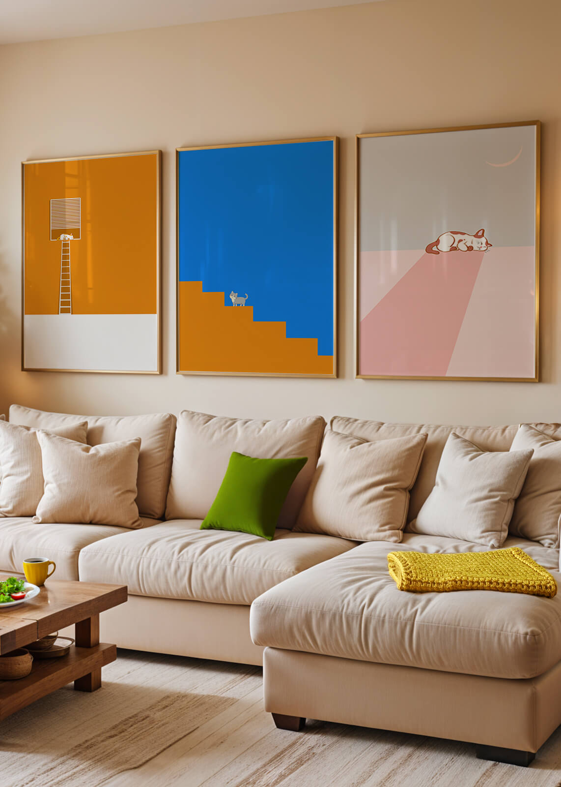 Ensemble de trois tableaux avec des figures géométriques et un chat