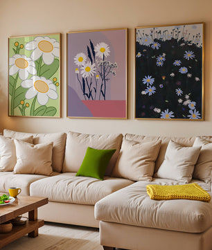 Tríptico De Arte Floral Con Margaritas En Colores Pastel