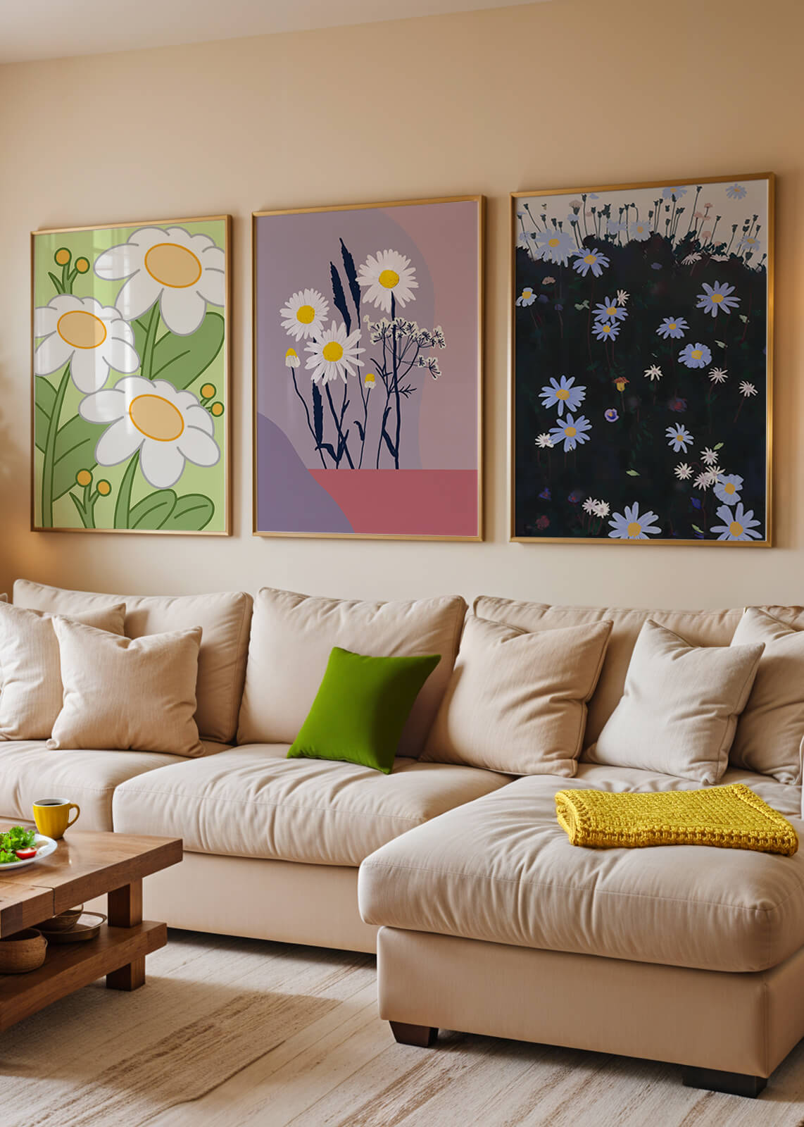 Triptyque d'art floral avec des marguerites en couleurs pastel