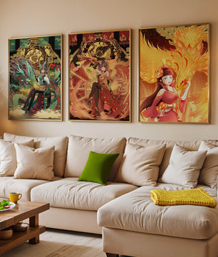 Fantasievolle Illustrationen mit mythologischen Motiven in leuchtenden Farben