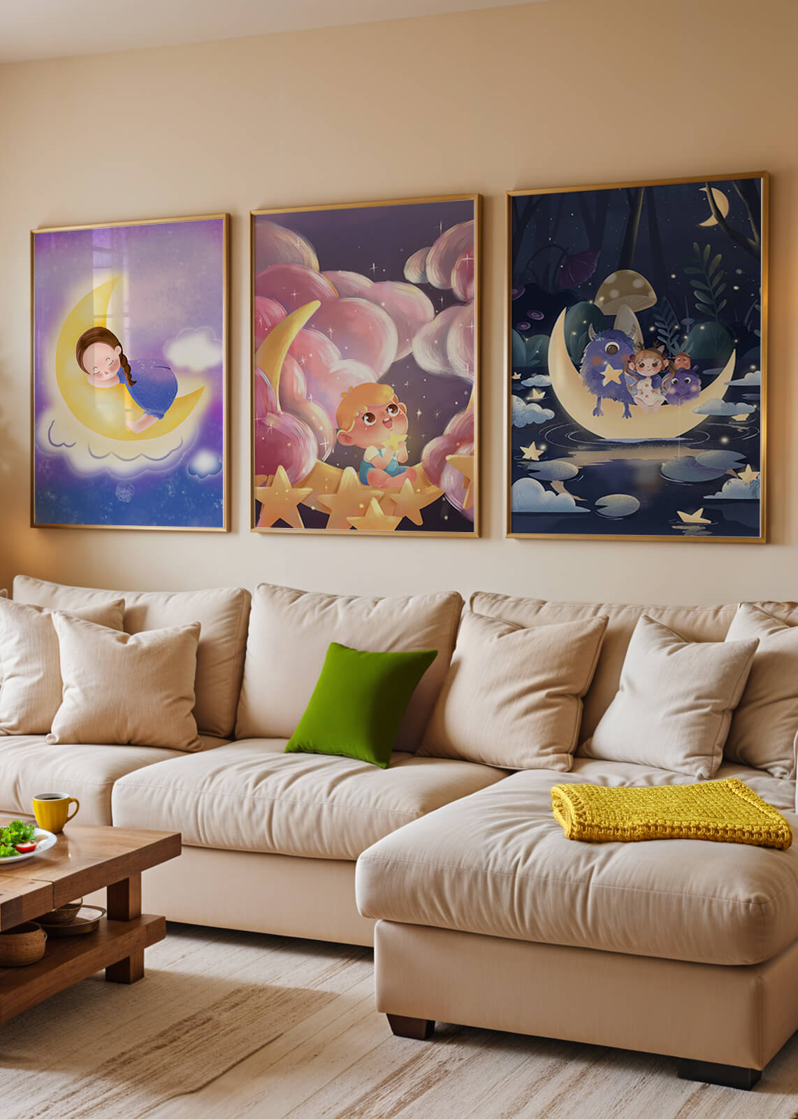 Conjunto De Cuadros Infantiles Con Luna Y Estrellas