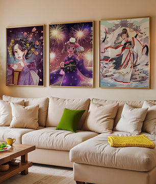 Triptyque d’art anime avec estampes de personnages en kimono