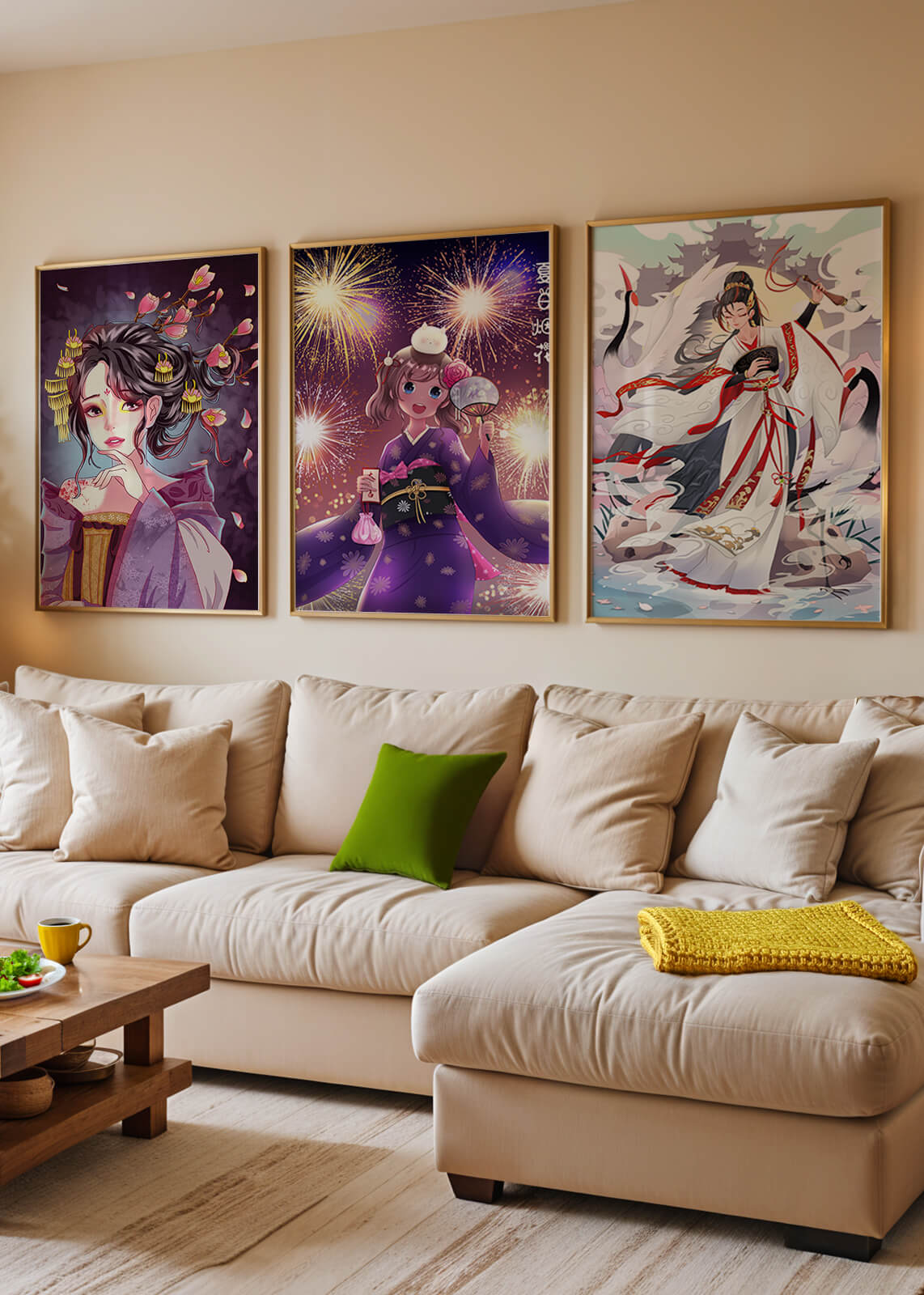 Tríptico de Arte Anime con Estampas de Personajes en Kimono